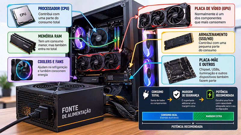Diagrama dos componentes que influenciam a potência necessária da fonte de PC.