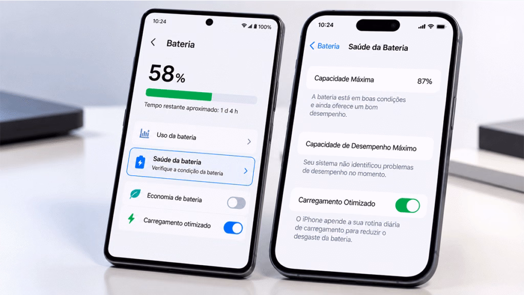 Dois smartphones Android e iPhone ilustrando a verificação da saúde da bateria do celular.