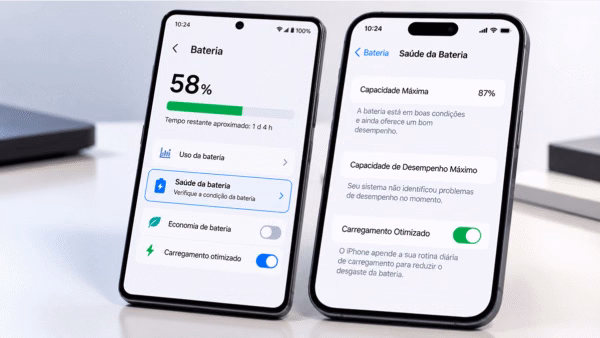 Dois smartphones Android e iPhone ilustrando a verificação da saúde da bateria do celular.