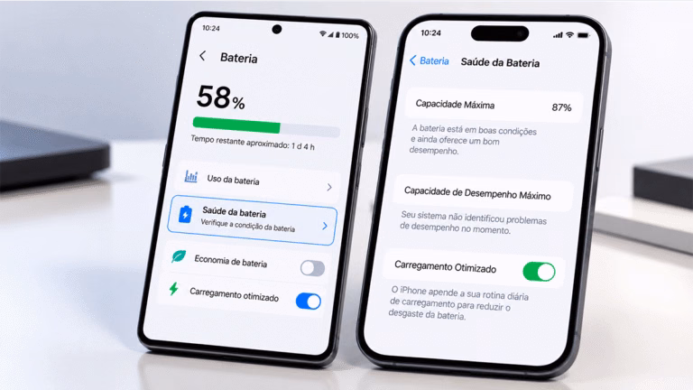 Dois smartphones Android e iPhone ilustrando a verificação da saúde da bateria do celular.