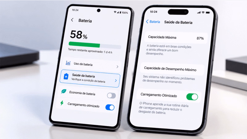 Dois smartphones Android e iPhone ilustrando a verificação da saúde da bateria do celular.
