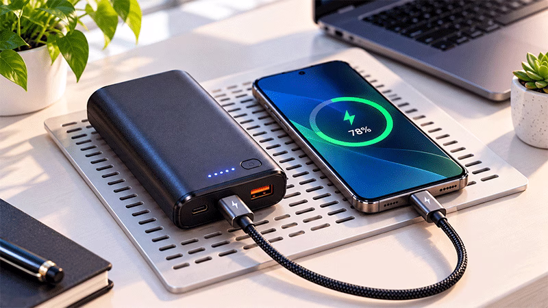 Power bank conectado corretamente ao celular com cabo USB-C em boas condições.