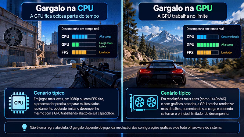 Comparação entre um jogo limitado pelo processador e outro limitado pela placa de vídeo usando indicadores de carga da CPU e GPU