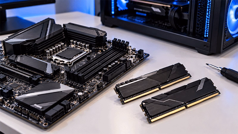 Placa-mãe gamer e módulos de memória RAM para montagem de computador.