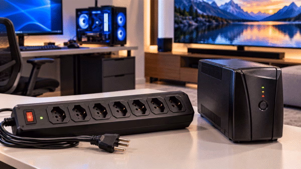 Filtro de linha e estabilizador sobre bancada com PC gamer e Smart TV ao fundo.