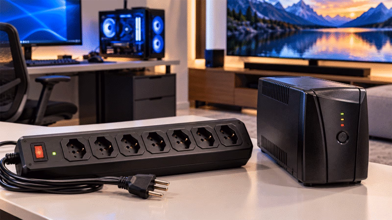 Filtro de linha e estabilizador sobre bancada com PC gamer e Smart TV ao fundo.