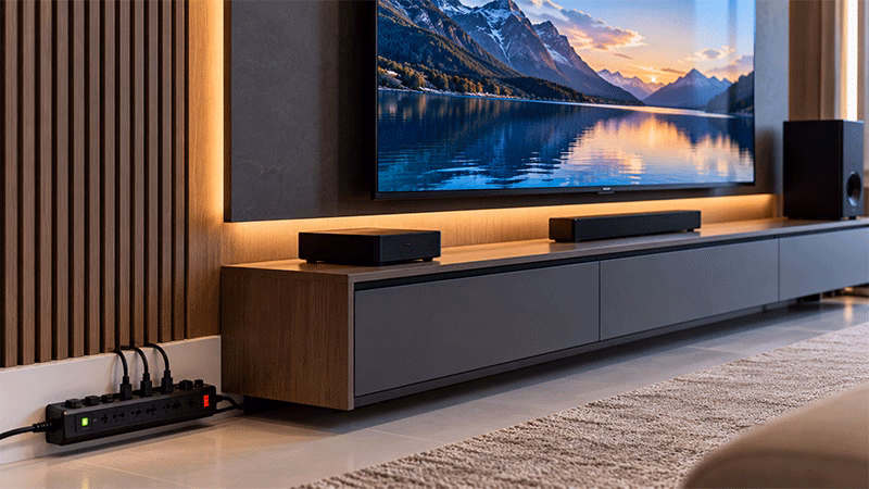 Smart TV conectada a filtro de linha com proteção contra surtos em sala moderna.