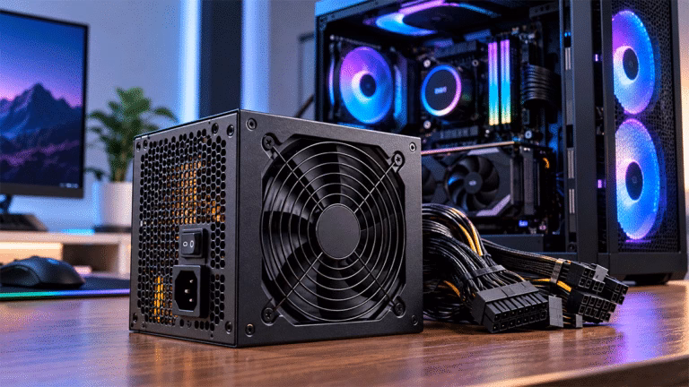 Fonte de alimentação ATX de alta performance com cabos pretos posicionada ao lado de um computador desktop.