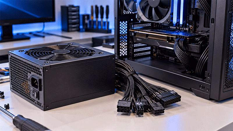 Fonte de alimentação moderna de PC gamer instalada em gabinete de computador.
