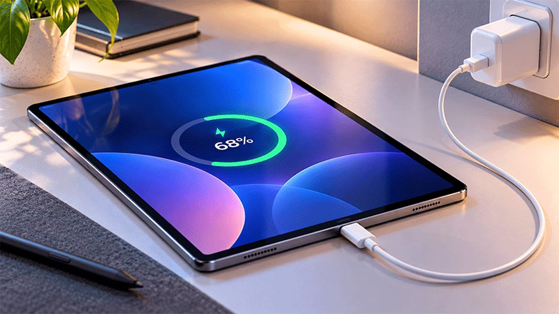 Galaxy Tab S12 durante o carregamento da bateria por USB-C