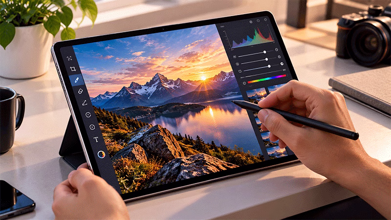 Tablet Galaxy com S Pen sendo utilizado para edição de imagem
