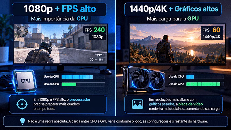 Comparação da carga sobre processador e placa de vídeo ao jogar em 1080p com FPS alto e em resolução mais elevada