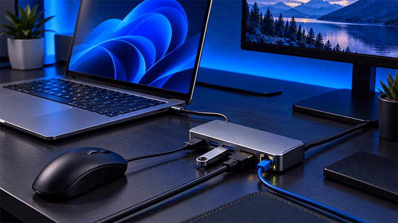 Hub USB-C conectado a notebook com periféricos e diferentes portas de conexão.