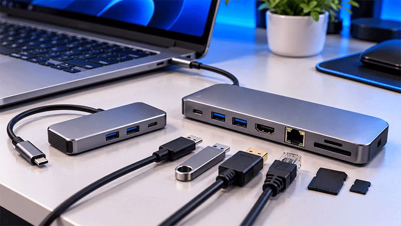 Dois modelos de hub USB-C com diferentes quantidades e tipos de portas.