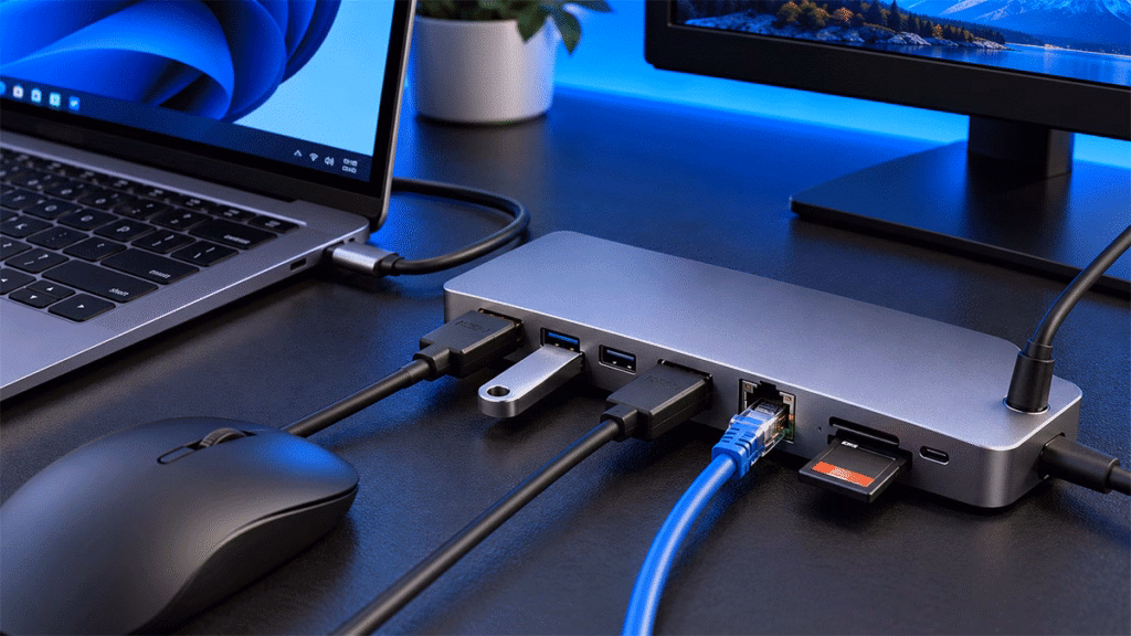 Hub USB-C multip portas com conexões HDMI, USB-A, Ethernet e leitor de cartões ao lado de um notebook.