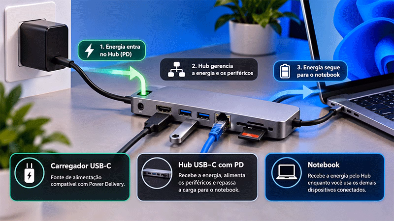 Esquema de funcionamento do Power Delivery em um hub USB-C, mostrando a energia do carregador passando pelo hub até o notebook.