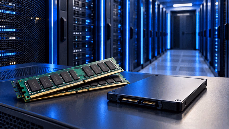 Servidores de inteligência artificial ao fundo com memória RAM e SSD em primeiro plano.