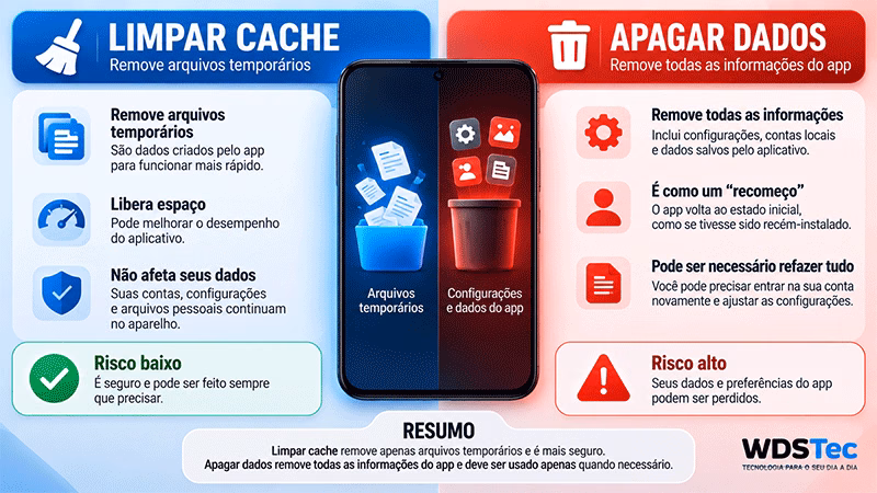 Comparação entre limpar o cache e apagar os dados de aplicativos no celular.