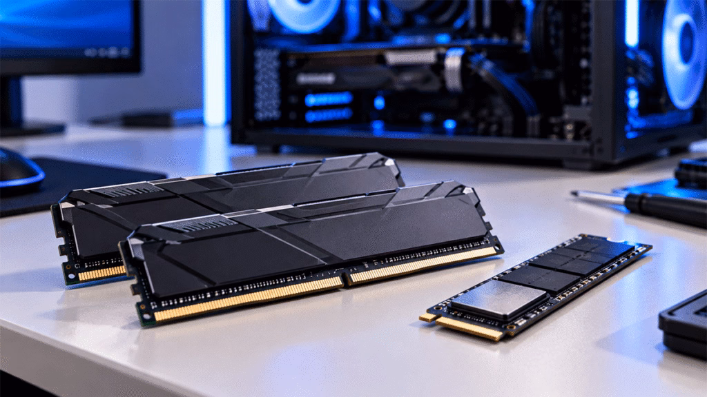 Módulos de memória RAM e SSD NVMe representando a alta dos preços de componentes para PC gamer.