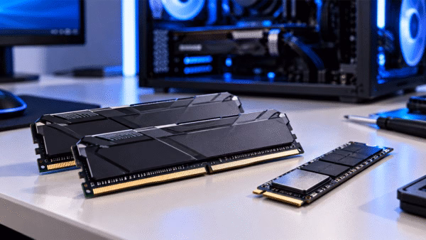 Módulos de memória RAM e SSD NVMe representando a alta dos preços de componentes para PC gamer.