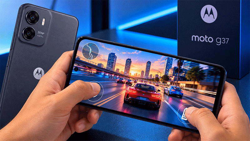 Motorola Moto G37 exibindo jogo de corrida leve na tela