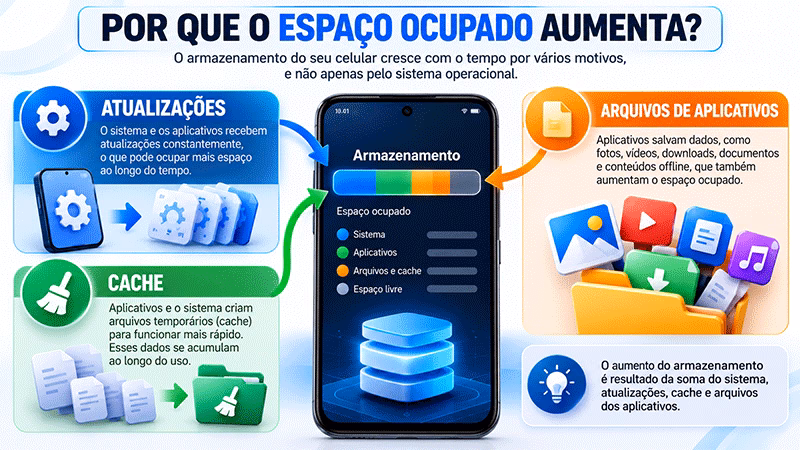 Infográfico mostrando atualizações, cache e arquivos de aplicativos que podem aumentar o armazenamento ocupado no celular.