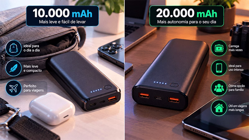 Comparação entre power bank de 10.000 mAh e 20.000 mAh para carregar celular.