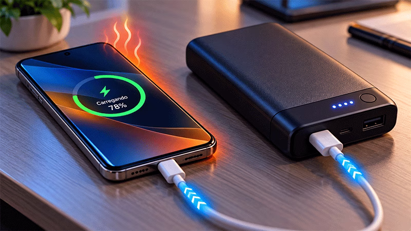 Celular conectado a um power bank durante o carregamento com indicação de aquecimento.
