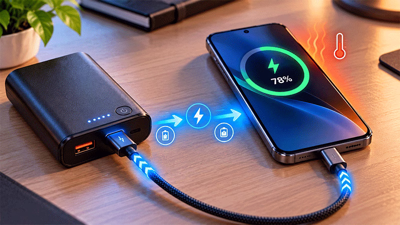 Power bank com carregamento rápido conectado por USB-C a um smartphone.