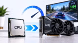 Processador e placa de vídeo conectados em um PC gamer com indicador de desempenho e jogo rodando a 144 FPS