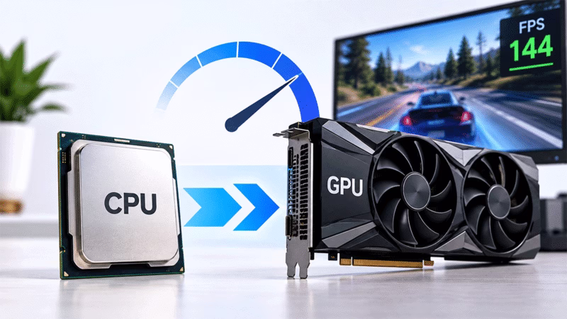 Processador e placa de vídeo conectados em um PC gamer com indicador de desempenho e jogo rodando a 144 FPS