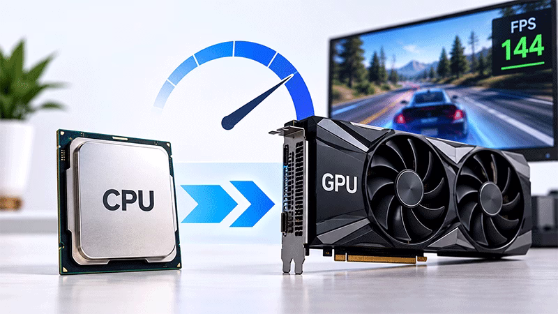 Processador e placa de vídeo conectados em um PC gamer com indicador de desempenho e jogo rodando a 144 FPS