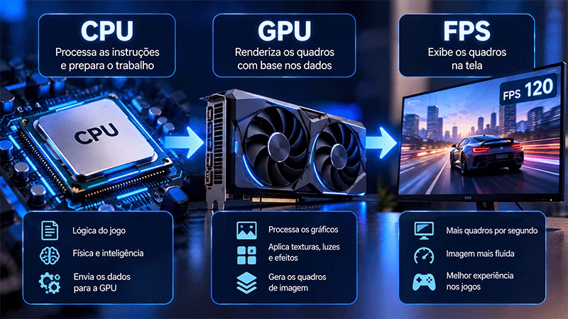 Diagrama mostrando o processador preparando dados para a placa de vídeo gerar os quadros exibidos no jogo