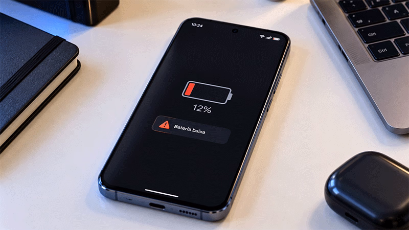 Celular com bateria fraca ilustrando possíveis sinais de perda de autonomia.