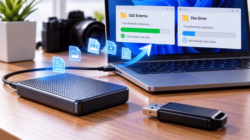 SSD externo e pen drive ao lado de um notebook durante a transferência de arquivos, comparando os dois tipos de armazenamento.