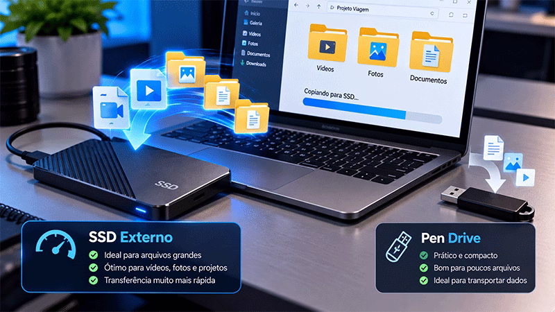 SSD externo sendo usado para backup de vídeos, fotos e documentos ao lado de um pen drive para transporte de arquivos menores.