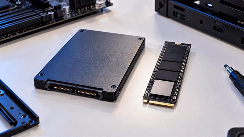 SSD SATA de 2,5 polegadas ao lado de SSD NVMe M.2 sobre bancada.
