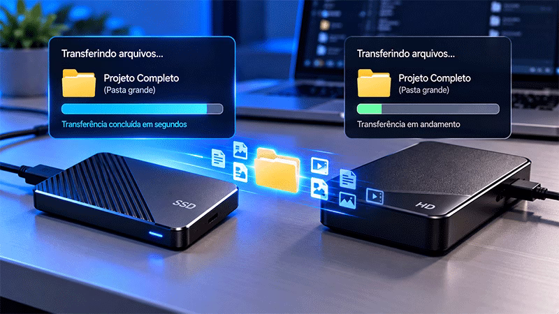 Comparação da velocidade de transferência de arquivos entre um SSD externo e um pen drive conectados ao computador.