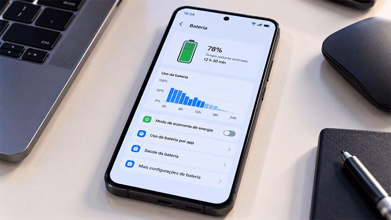 Smartphone Android com menu de bateria e informações de consumo de energia.